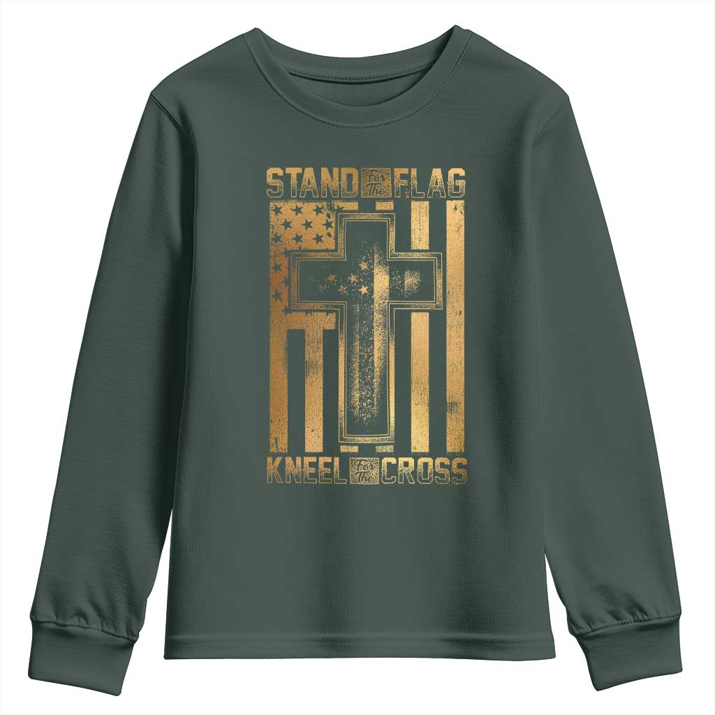 Christian Patriotic Youth Sweatshirt Stand For The Flag Kneel For The Cross American Christ Cross TS09 Dark Forest Green Print Your Wear
