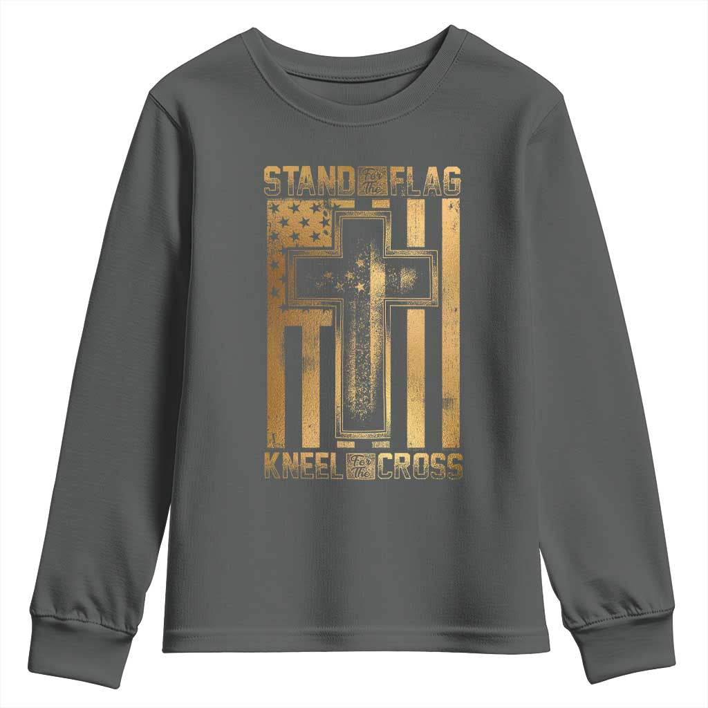 Christian Patriotic Youth Sweatshirt Stand For The Flag Kneel For The Cross American Christ Cross TS09 Dark Heather Print Your Wear