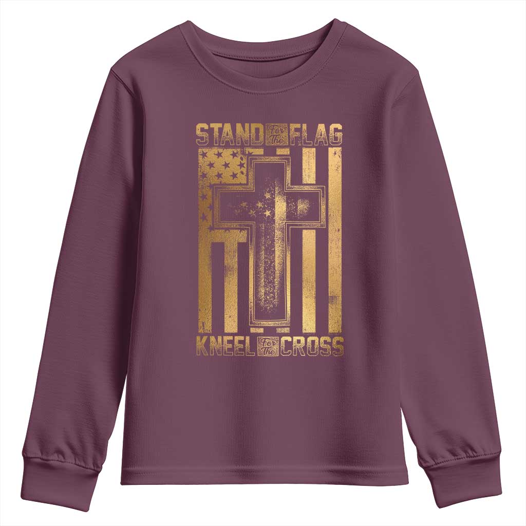 Christian Patriotic Youth Sweatshirt Stand For The Flag Kneel For The Cross American Christ Cross TS09 Maroon Print Your Wear