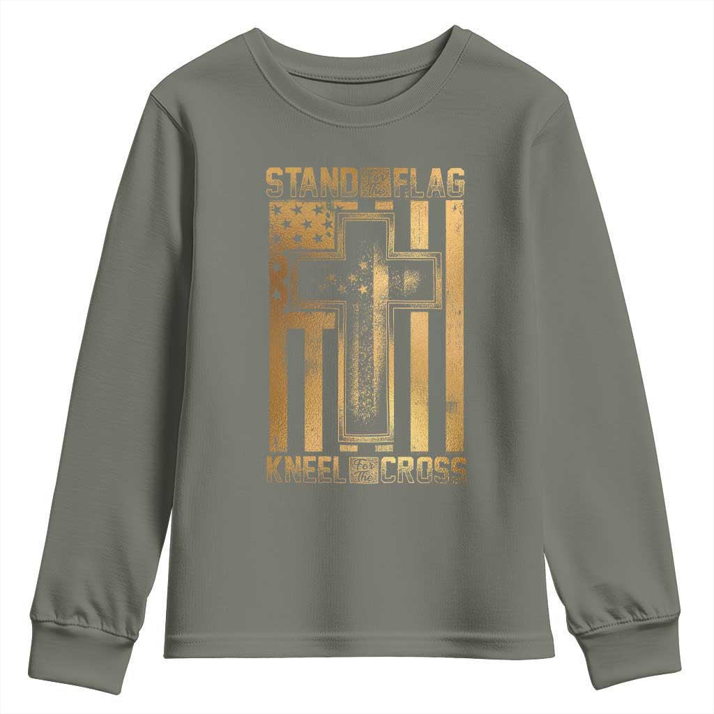 Christian Patriotic Youth Sweatshirt Stand For The Flag Kneel For The Cross American Christ Cross TS09 Military Green Print Your Wear