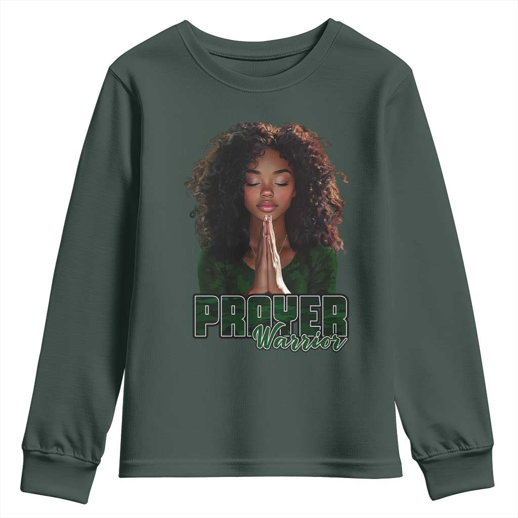 Prayer Warrior Youth Sweatshirt Camo Black Woman Christian Pray TS09 Dark Forest Green Print Your Wear