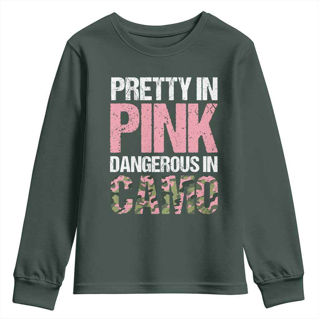 Camo Girl Youth Sweatshirt Pretty Pink Dangerous Camo Hunting Hunter TS09 Dark Forest Green Print Your Wear