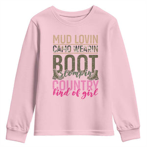 Country Girl Youth Sweatshirt Mud Lovin Camo Wearin Boot Stomping TS09 Light Pink Print Your Wear