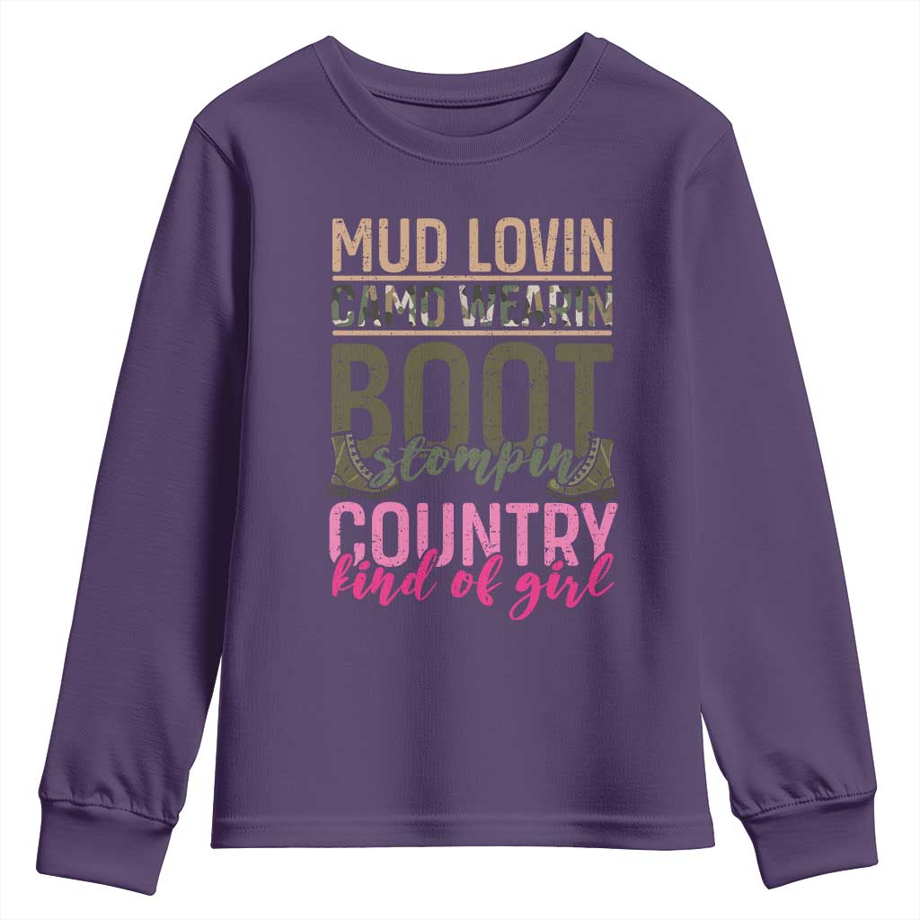 Country Girl Youth Sweatshirt Mud Lovin Camo Wearin Boot Stomping TS09 Purple Print Your Wear