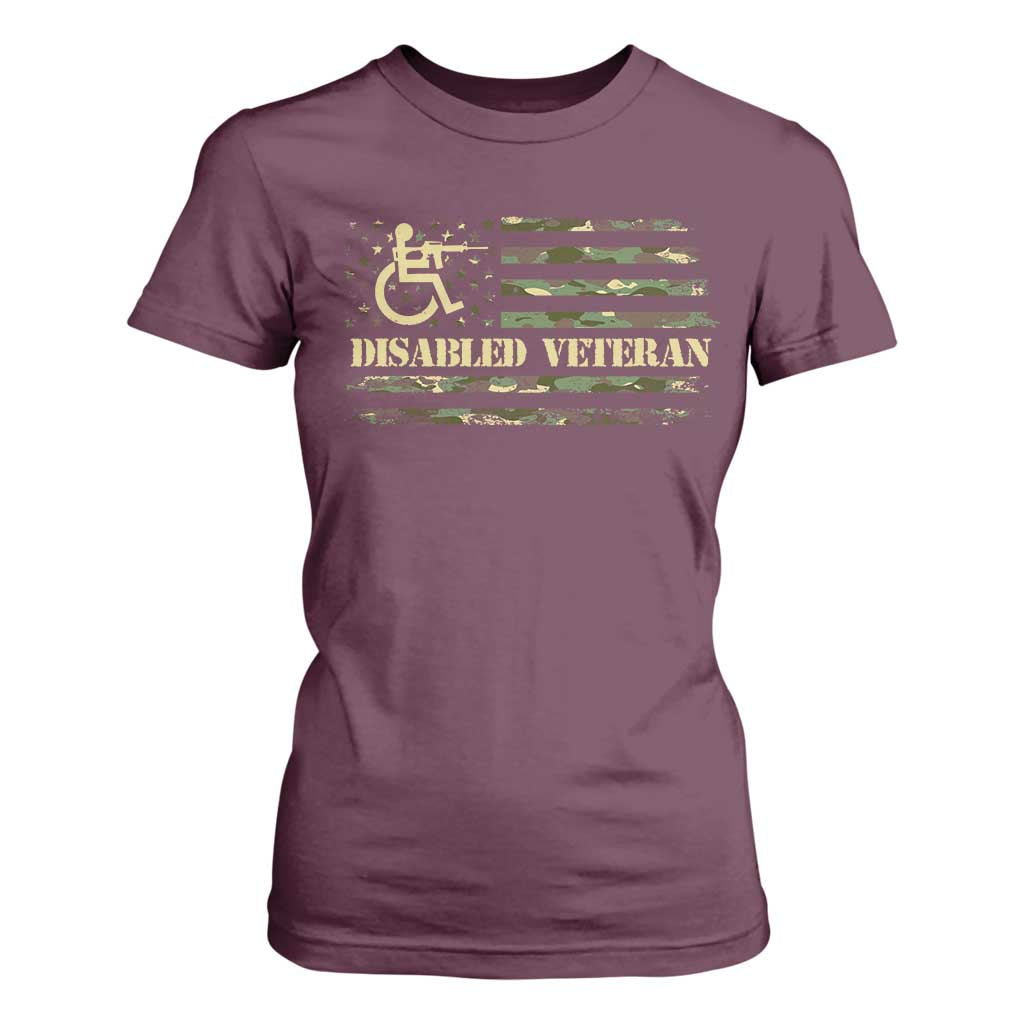 Disabled Veteran T Shirt For Women Camouflage American Flag Patriotic Veterans Day TS09 Maroon Print Your Wear