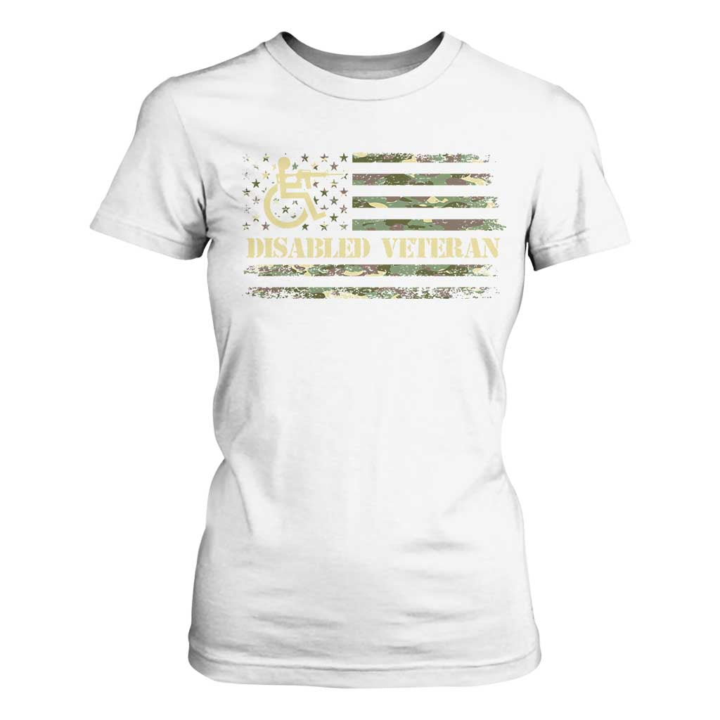 Disabled Veteran T Shirt For Women Camouflage American Flag Patriotic Veterans Day TS09 White Print Your Wear