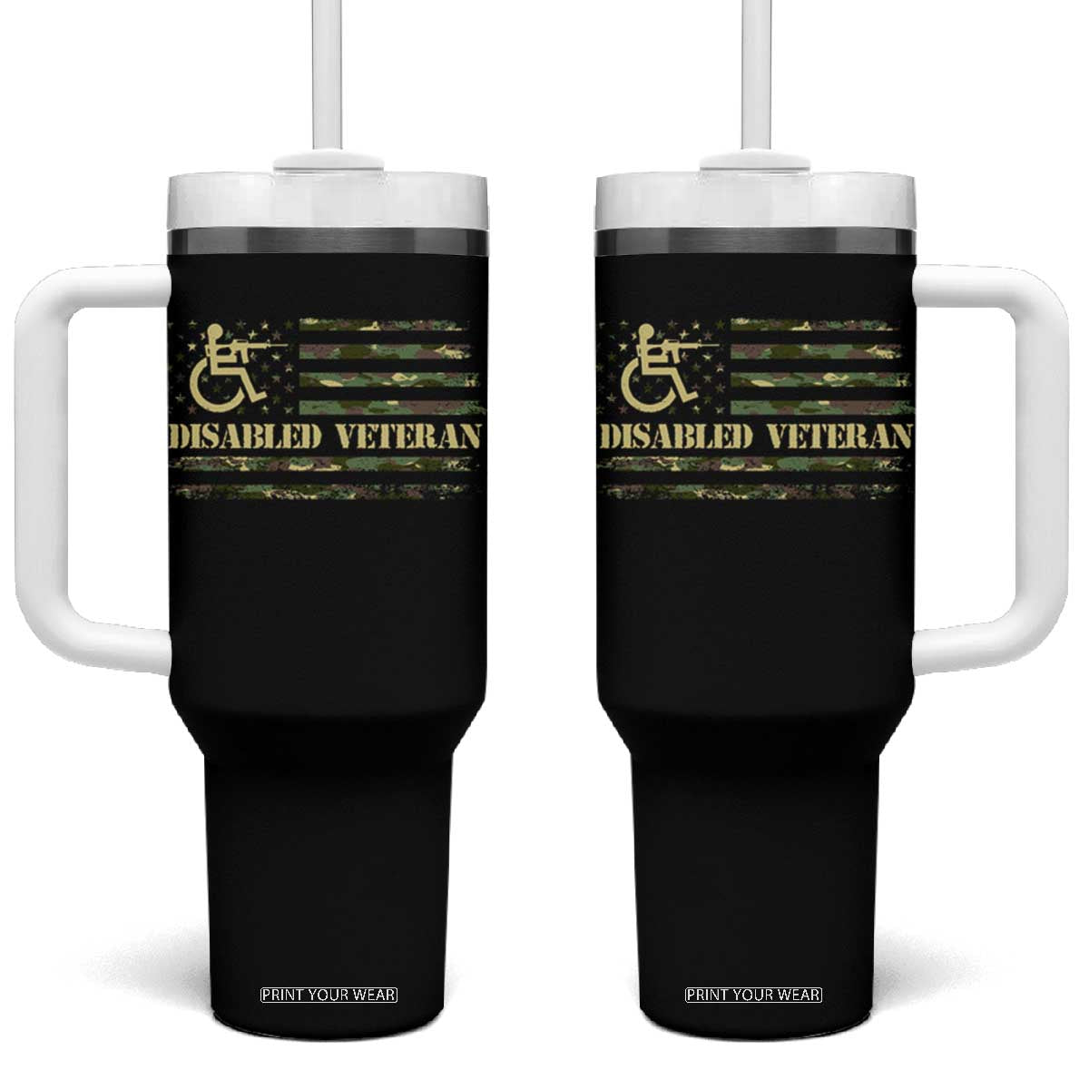 Disabled Veteran Tumbler With Handle Camouflage American Flag Patriotic Veterans Day TS09 One Size: 40 oz Black Print Your Wear