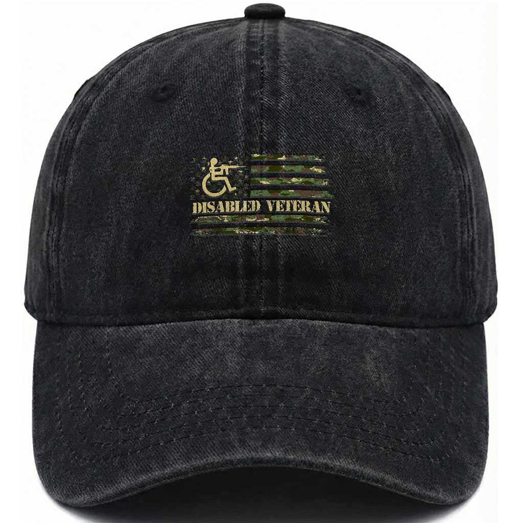 Disabled Veteran Washed Cotton Baseball Cap Camouflage American Flag Patriotic Veterans Day TS09 Washed Cap Universal Fit Black Print Your Wear