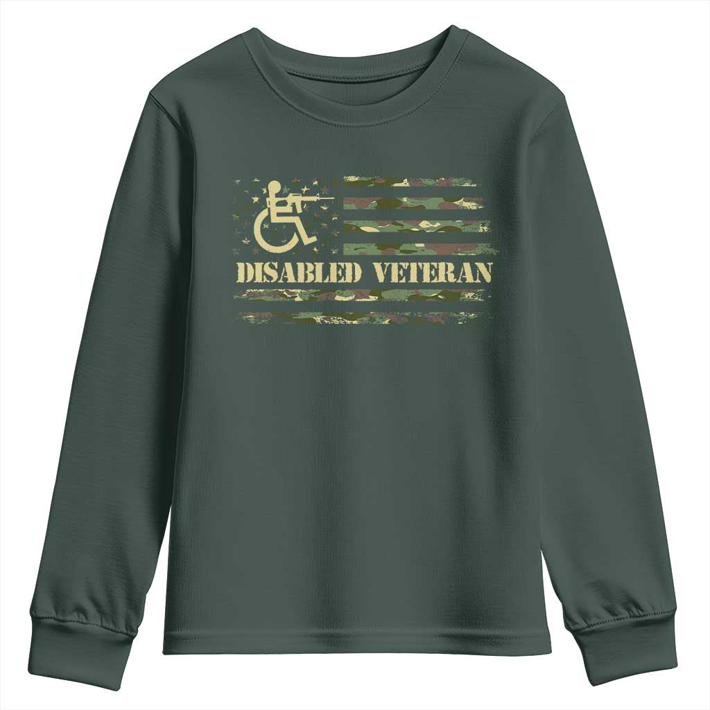 Disabled Veteran Youth Sweatshirt Camouflage American Flag Patriotic Veterans Day TS09 Dark Forest Green Print Your Wear