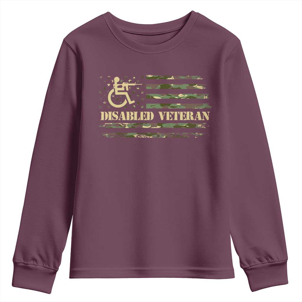 Disabled Veteran Youth Sweatshirt Camouflage American Flag Patriotic Veterans Day TS09 Maroon Print Your Wear
