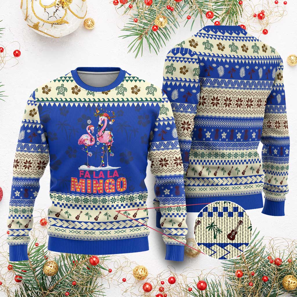 Fa La La Mingo Flamingo Hawaiian Xmas Ugly Christmas Sweater TS09 Blue Print Your Wear