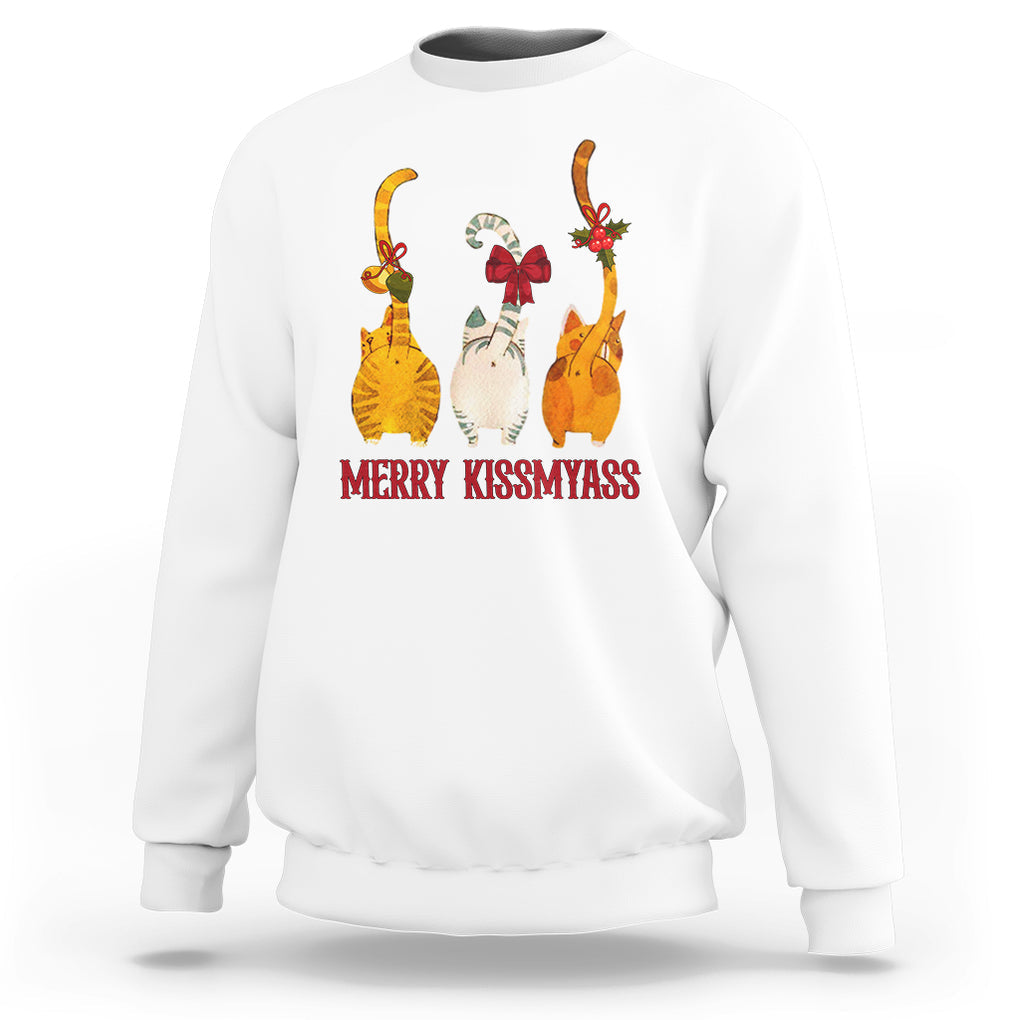 Merry Kissmyass Funny Cat Christmas Sweatshirt TS09 White Printyourwear