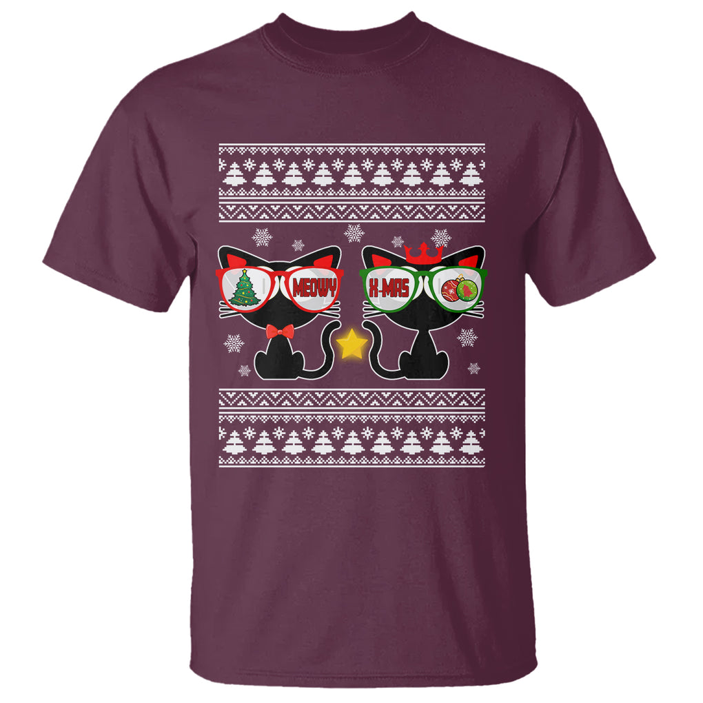 Meowy Xmas Funny Cat Couple With Sunglass T Shirt TS09 Maroon Printyourwear