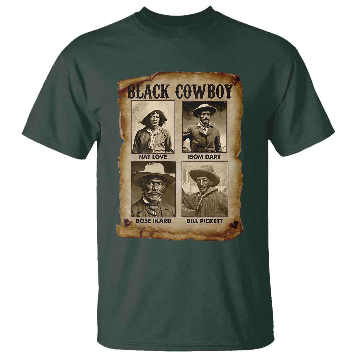 Black Cowboy T Shirt - African American Legendary Cowboys Black History Graphic Tee TS09 Dark Forest Green Print Your Wear