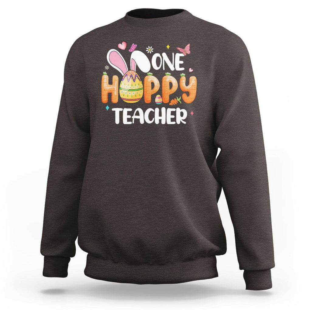 Easter Day Cute One Hoppy Teacher Bunny Carrot Sweatshirt TS09 Dark Chocolate Printyourwear