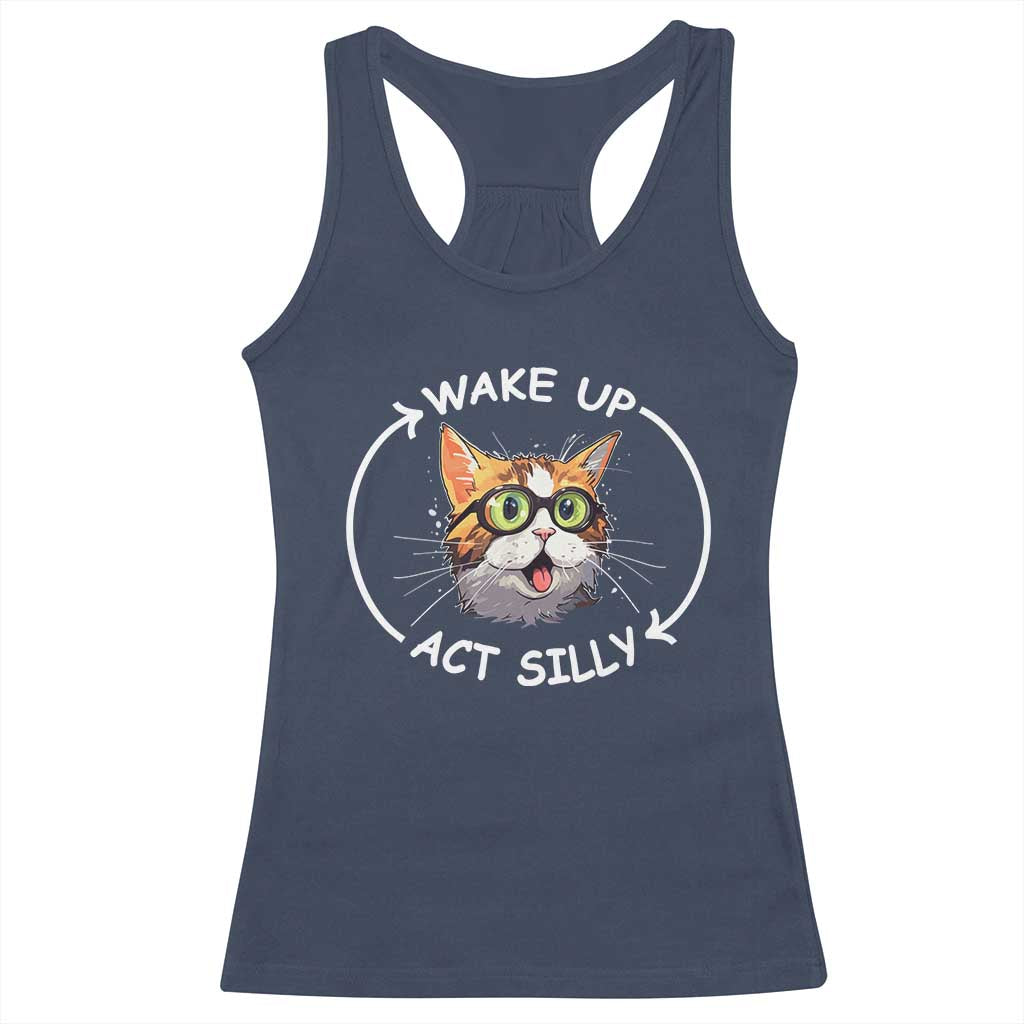 Funny Cat Meme Racerback Tank Top Wake Up Act Silly TS09 Navy Print Your Wear
