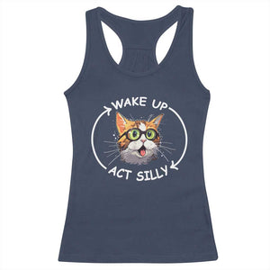 Funny Cat Meme Racerback Tank Top Wake Up Act Silly TS09 Navy Print Your Wear