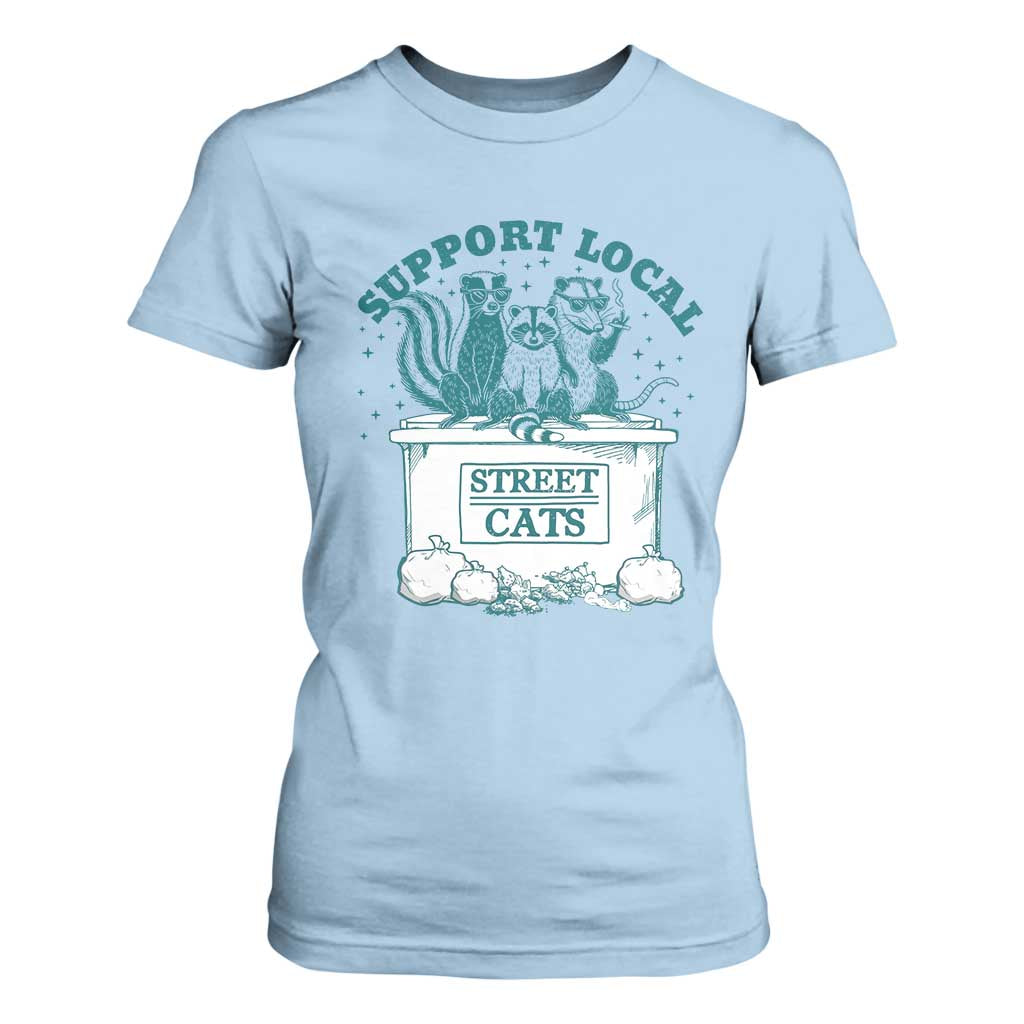 Funny Support Local Street Cat T Shirt For Women Raccoon Opossum Skunk Garbage Crew TS09 Light Blue Print Your Wear