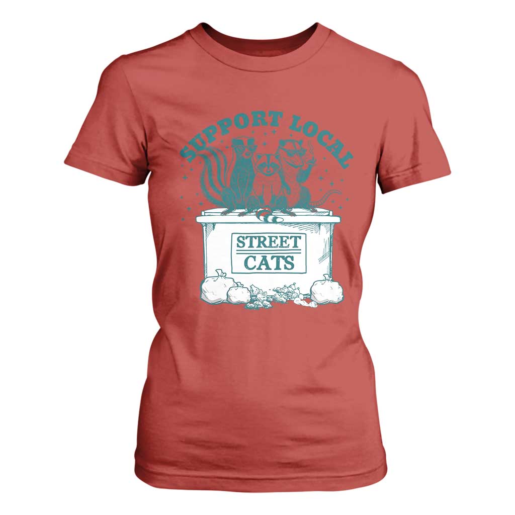 Funny Support Local Street Cat T Shirt For Women Raccoon Opossum Skunk Garbage Crew TS09 Red Print Your Wear