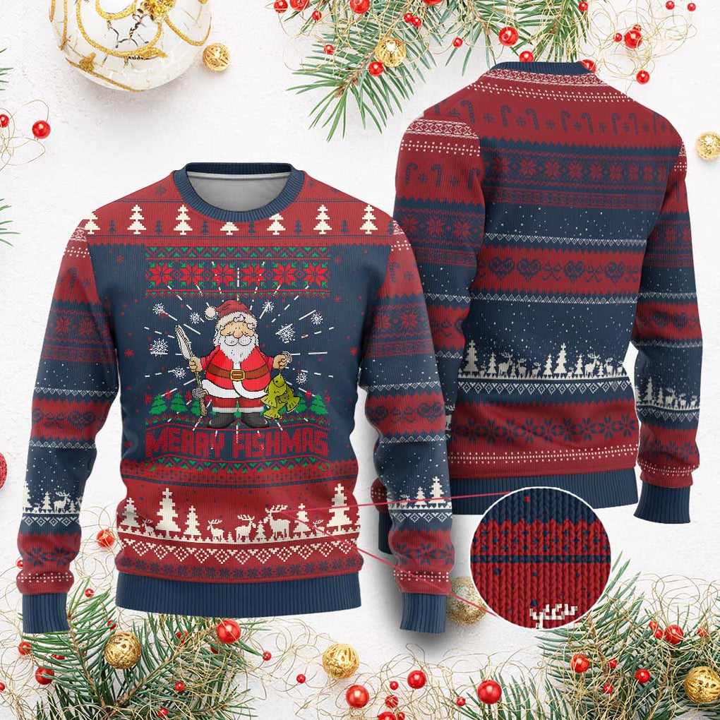 Merry Fishmas Santa Fishing Xmas Fish Fisherman Ugly Christmas Sweater TS09 Burgundy Print Your Wear