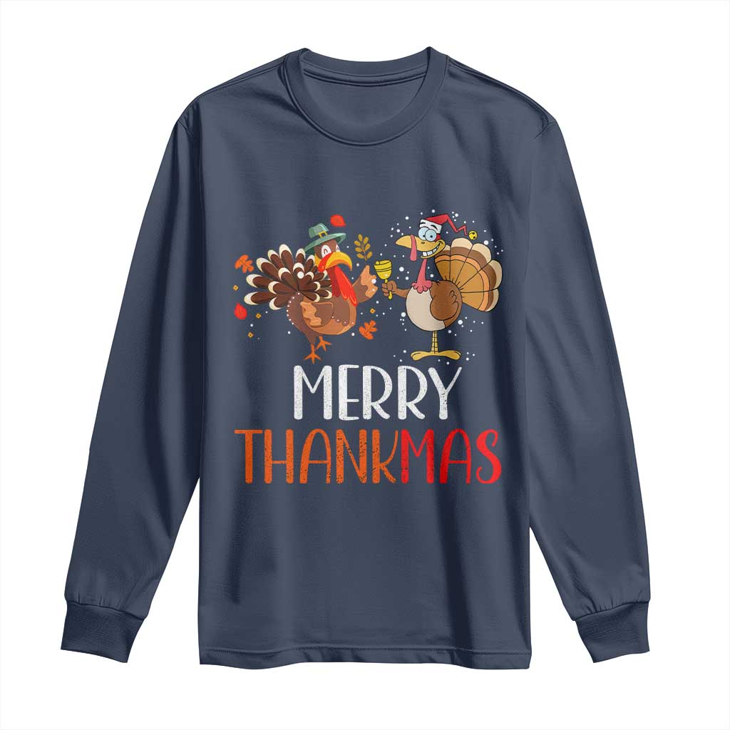 Merry Thankmas Long Sleeve Shirt Santa Turkey Costume Thanksgiving Christmas TS09 Navy Print Your Wear
