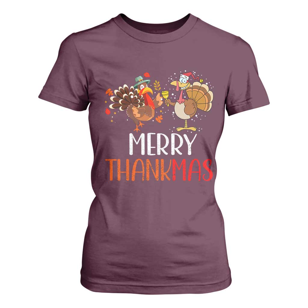 Merry Thankmas T Shirt For Women Santa Turkey Costume Thanksgiving Christmas TS09 Maroon Print Your Wear