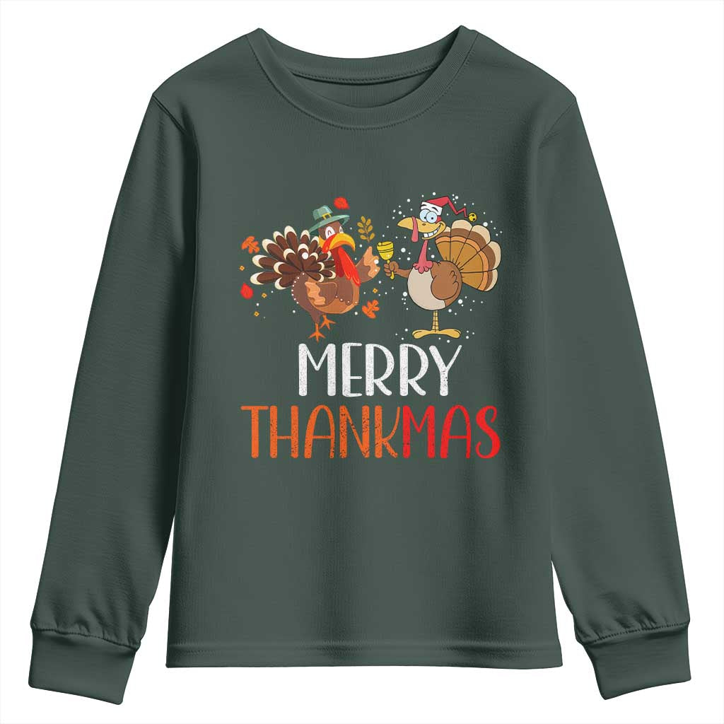 Merry Thankmas Youth Sweatshirt Santa Turkey Costume Thanksgiving Christmas TS09 Dark Forest Green Print Your Wear