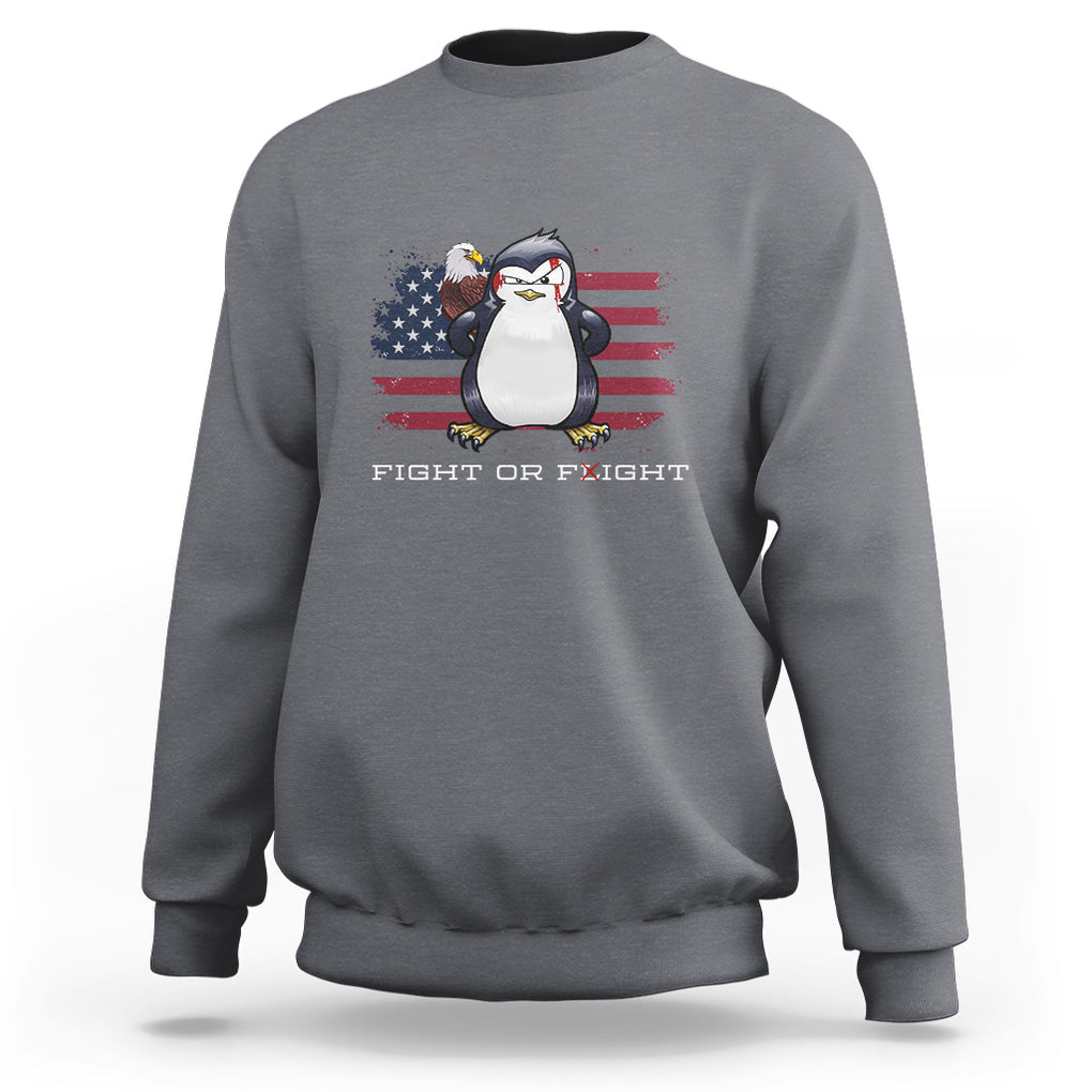 Fight or Flight Meme Cool Penguin Pun Patriotic US Flag Sweatshirt TS09 Charcoal Printyourwear