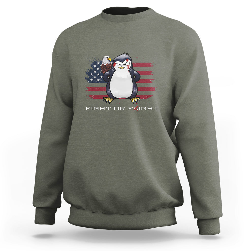 Fight or Flight Meme Cool Penguin Pun Patriotic US Flag Sweatshirt TS09 Military Green Printyourwear