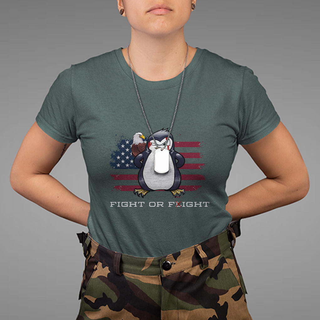 Fight or Flight Meme Cool Penguin Pun Patriotic US Flag T Shirt TS09 Dark Forest Green Printyourwear