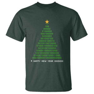 Funny Binary Christmas Tree T Shirt HAPPY NEW YEAR 11111101001 TS09 Dark Forest Green Print Your Wear