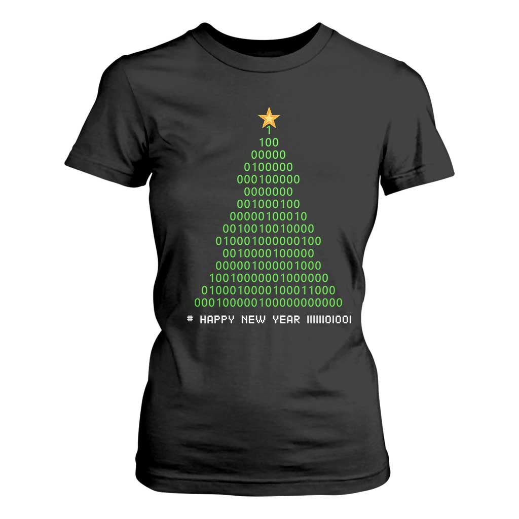 Funny Binary Christmas Tree T Shirt For Women HAPPY NEW YEAR 11111101001 TS09 Black Print Your Wear