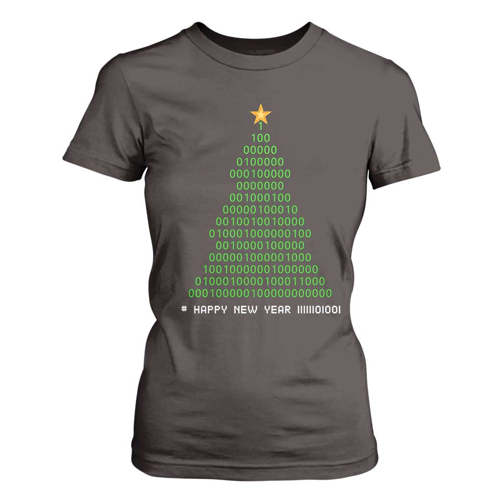 Funny Binary Christmas Tree T Shirt For Women HAPPY NEW YEAR 11111101001 TS09 Dark Chocolate Print Your Wear