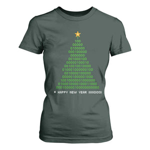 Funny Binary Christmas Tree T Shirt For Women HAPPY NEW YEAR 11111101001 TS09 Dark Forest Green Print Your Wear