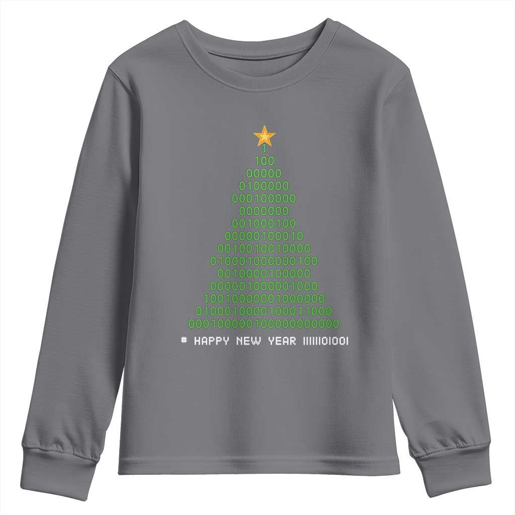 Funny Binary Christmas Tree Youth Sweatshirt HAPPY NEW YEAR 11111101001 TS09 Charcoal Print Your Wear