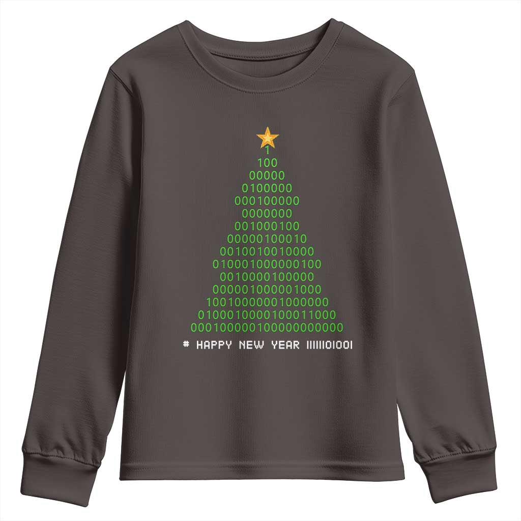 Funny Binary Christmas Tree Youth Sweatshirt HAPPY NEW YEAR 11111101001 TS09 Dark Chocolate Print Your Wear