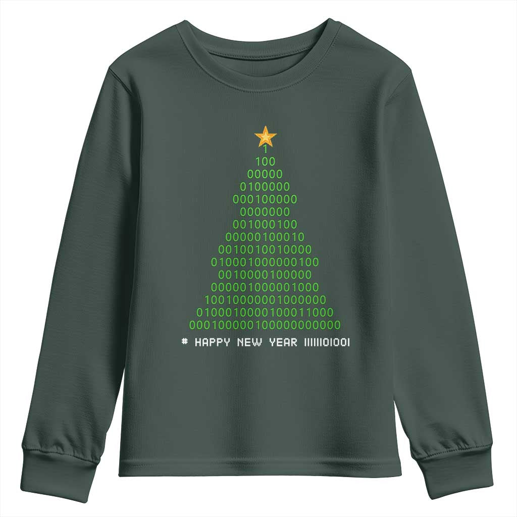 Funny Binary Christmas Tree Youth Sweatshirt HAPPY NEW YEAR 11111101001 TS09 Dark Forest Green Print Your Wear