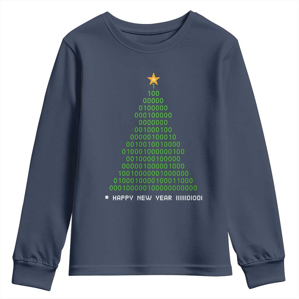 Funny Binary Christmas Tree Youth Sweatshirt HAPPY NEW YEAR 11111101001 TS09 Navy Print Your Wear