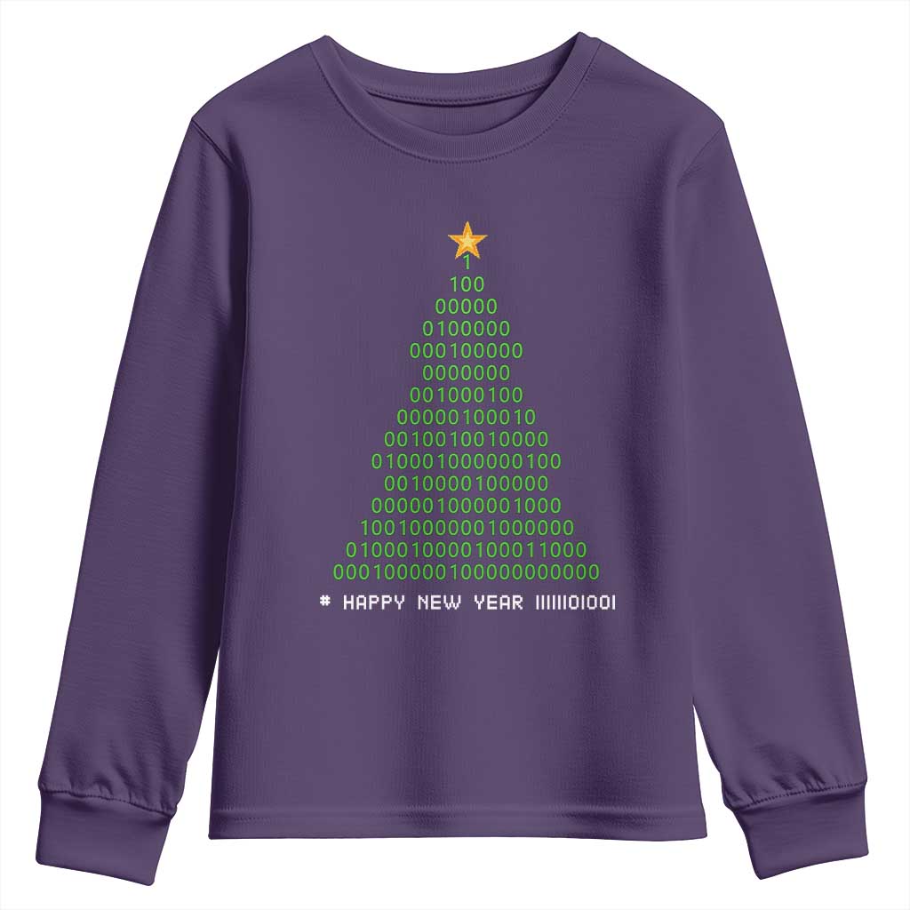 Funny Binary Christmas Tree Youth Sweatshirt HAPPY NEW YEAR 11111101001 TS09 Purple Print Your Wear