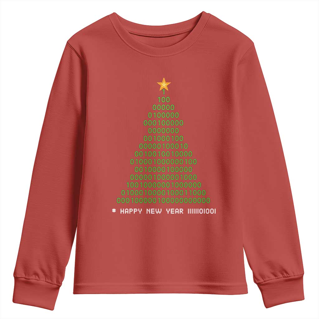 Funny Binary Christmas Tree Youth Sweatshirt HAPPY NEW YEAR 11111101001 TS09 Red Print Your Wear