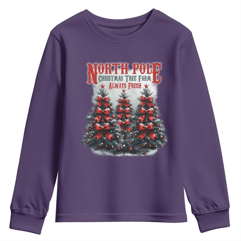 Xmas Coquette Youth Sweatshirt North pole Christmas Tree Farm Always Fresh TS09 Purple Print Your Wear