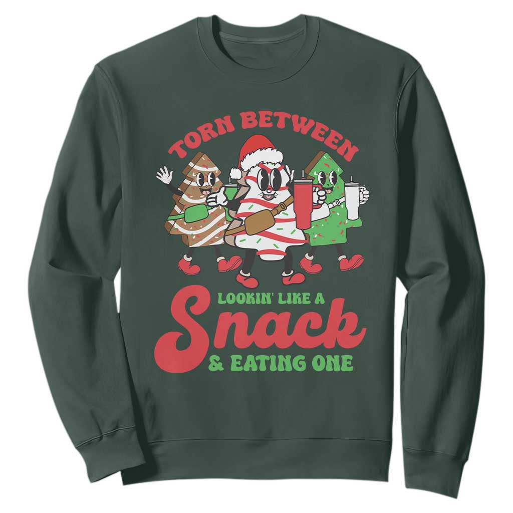 Funny Christmas Cake Sweatshirt Torn Between Looking' Like a Snack TS09 Dark Forest Green Print Your Wear