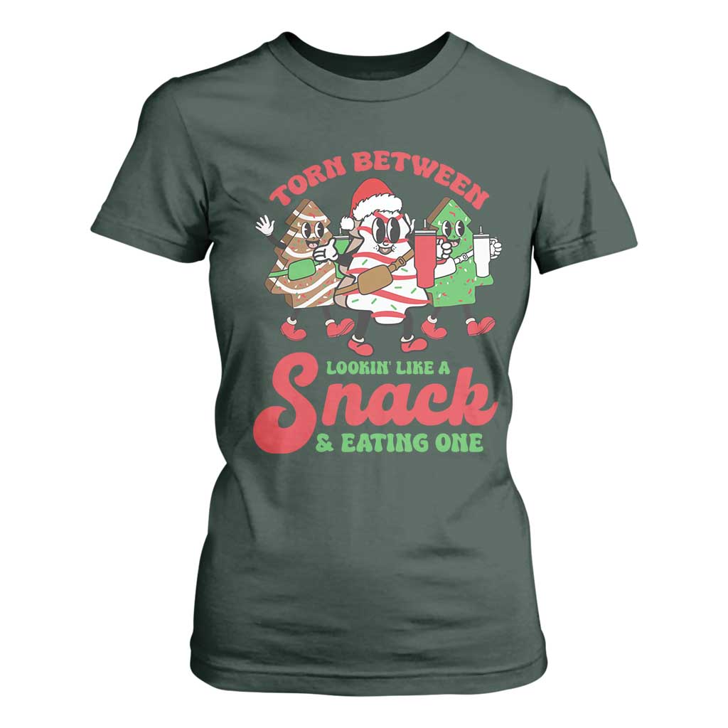 Funny Christmas Cake T Shirt For Women Torn Between Looking' Like a Snack TS09 Dark Forest Green Print Your Wear