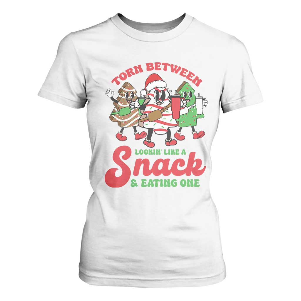 Funny Christmas Cake T Shirt For Women Torn Between Looking' Like a Snack TS09 White Print Your Wear