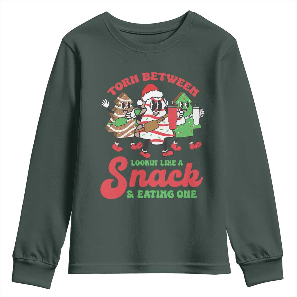 Funny Christmas Cake Youth Sweatshirt Torn Between Looking' Like a Snack TS09 Dark Forest Green Print Your Wear