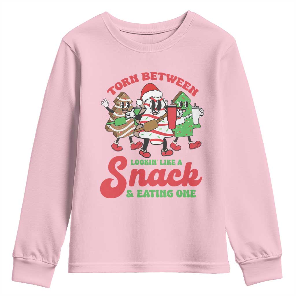 Funny Christmas Cake Youth Sweatshirt Torn Between Looking' Like a Snack TS09 Light Pink Print Your Wear