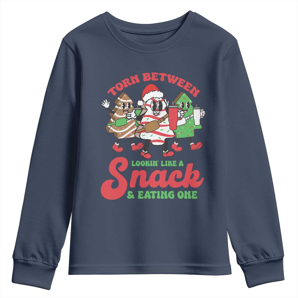 Funny Christmas Cake Youth Sweatshirt Torn Between Looking' Like a Snack TS09 Navy Print Your Wear