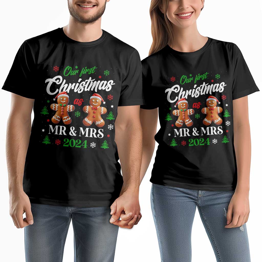 Our First Christmas As Mr Mrs 2024 Couple Matching T Shirt Cute Gingerbread Couple TS09 Black Print Your Wear