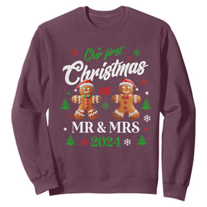 Our First Christmas As Mr Mrs 2024 Sweatshirt Cute Gingerbread Couple TS09 Maroon Print Your Wear