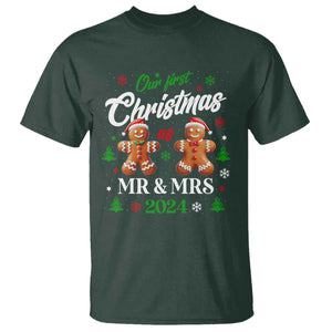 Our First Christmas As Mr Mrs 2024 T Shirt Cute Gingerbread Couple TS09 Dark Forest Green Print Your Wear
